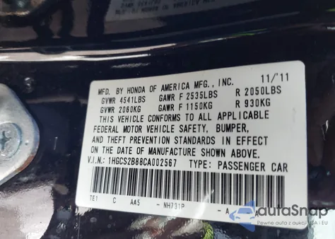 2012 Honda Accord 3.5 Ex-L z USA, uszkodzony, nr VIN 1HGCS2B88CA002567